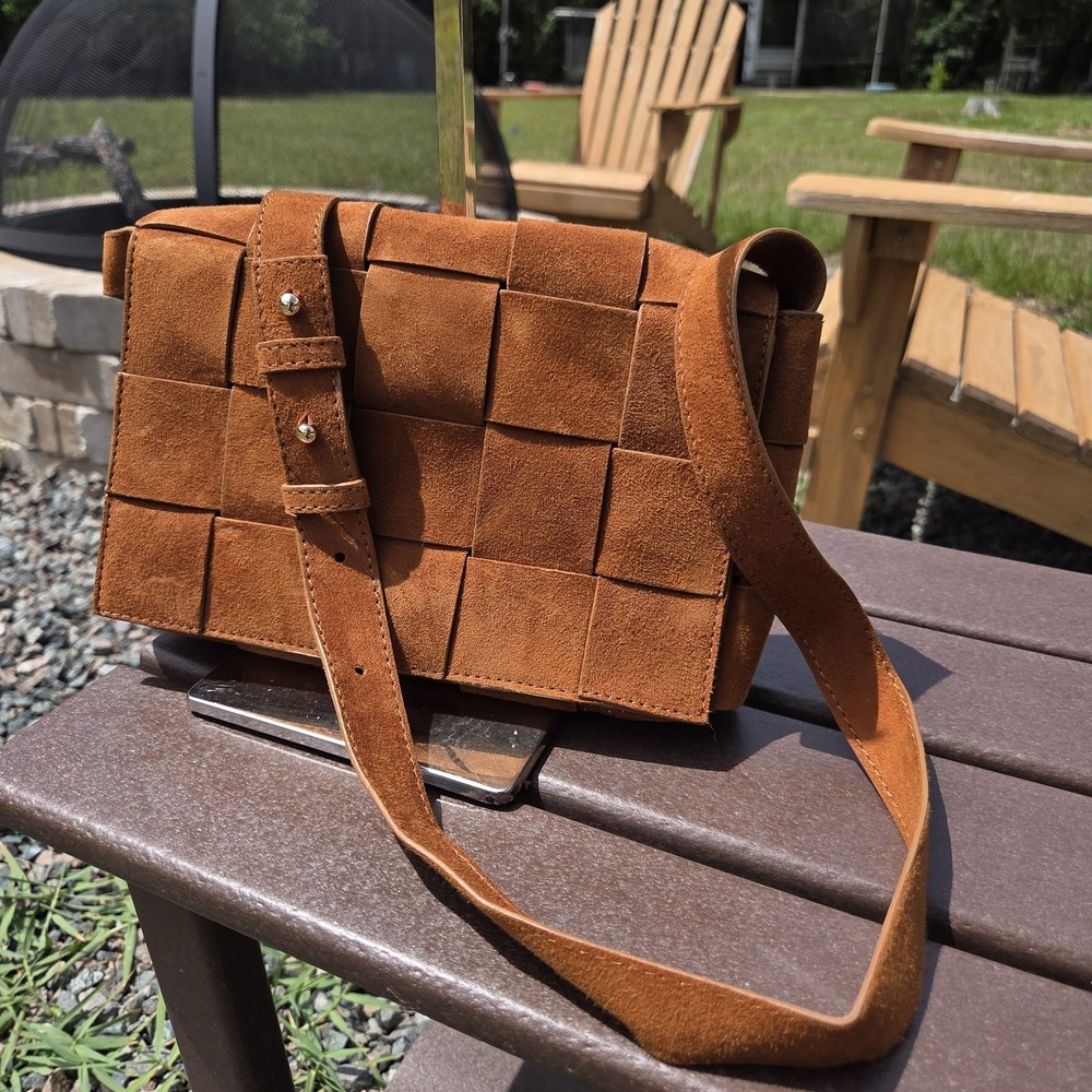 FURNIQ Hoxton Camel Brown Woven Suede Handbag Crossbody MSRP $350